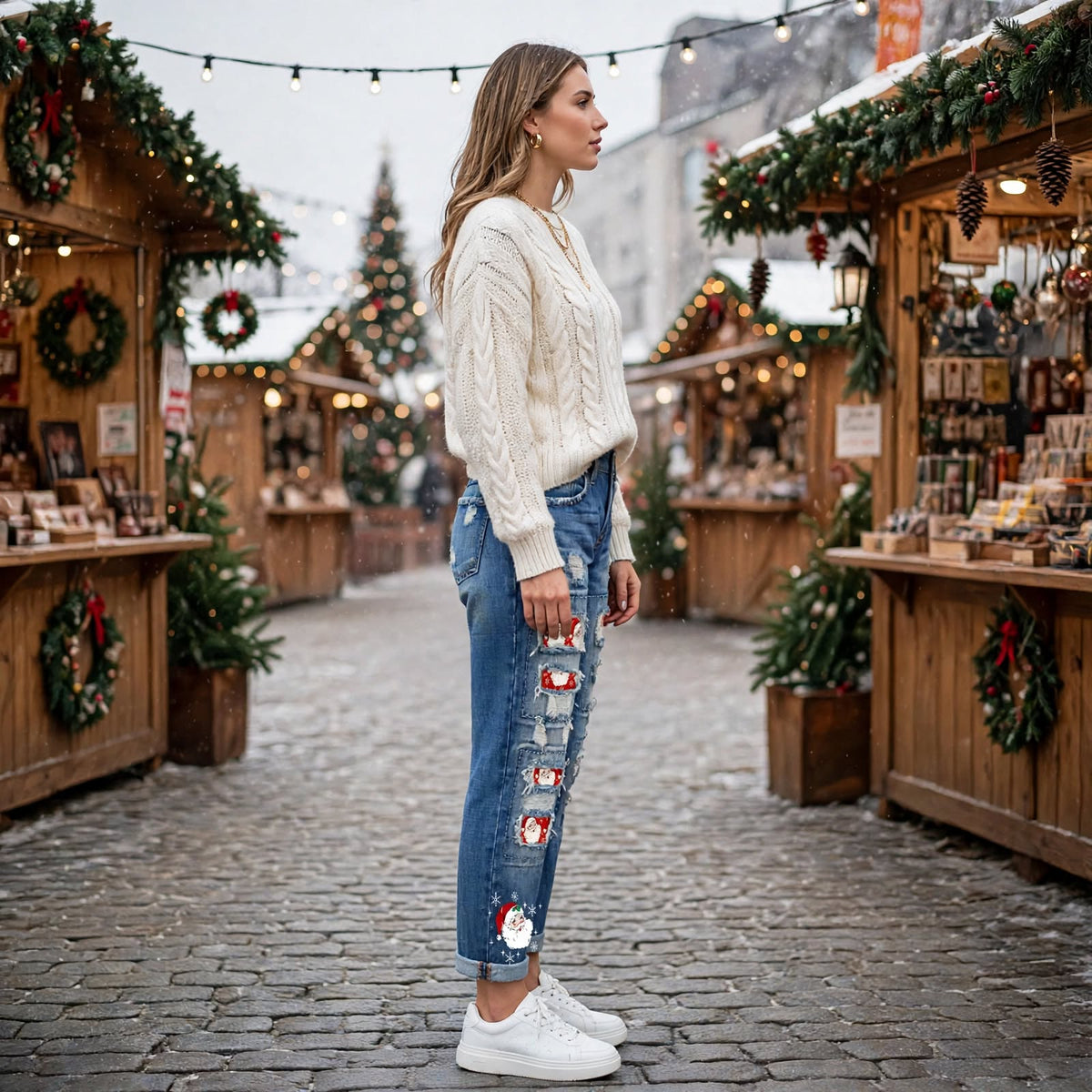 Blue distressed denim jeans with Santa patch panels on both legs, distressed knees