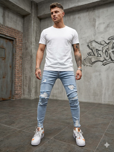 Light Blue Ripped Skinny Jeans Men - Heavy Distressed Stretch Denim