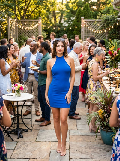 Blue halter mini dress, high neck bodycon fit