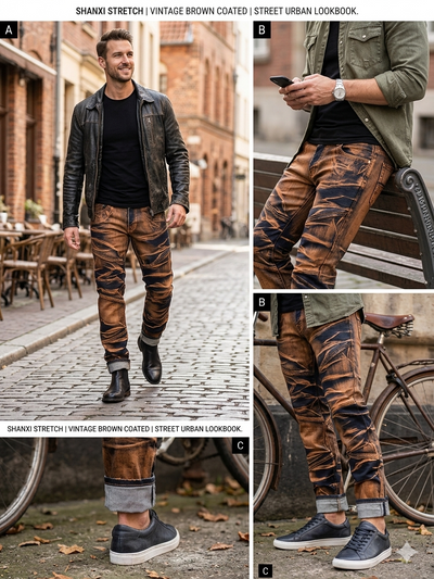 Shanxi Men's Slim Straight Stretchy Jeans – Distressed Coated Brown