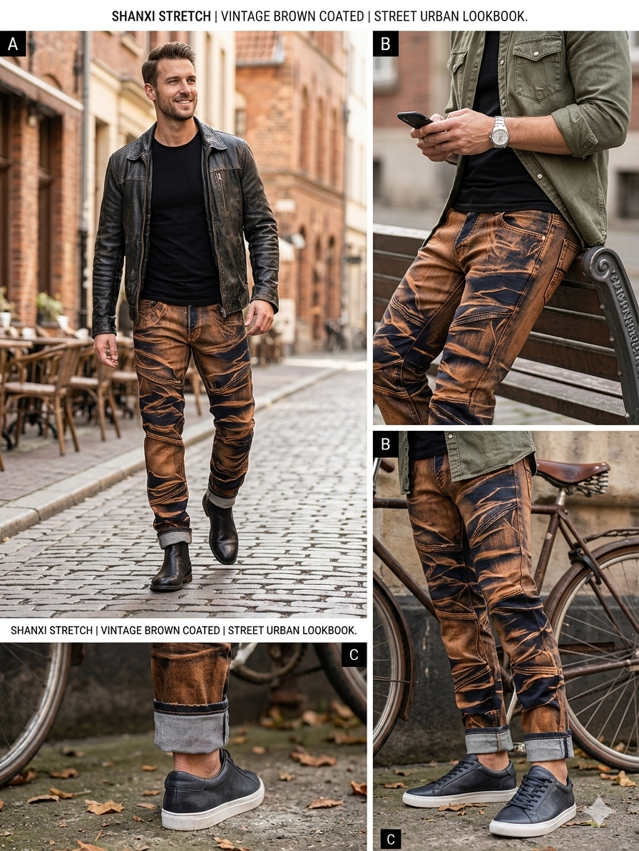 Shanxi Men's Slim Straight Stretchy Jeans – Distressed Coated Brown