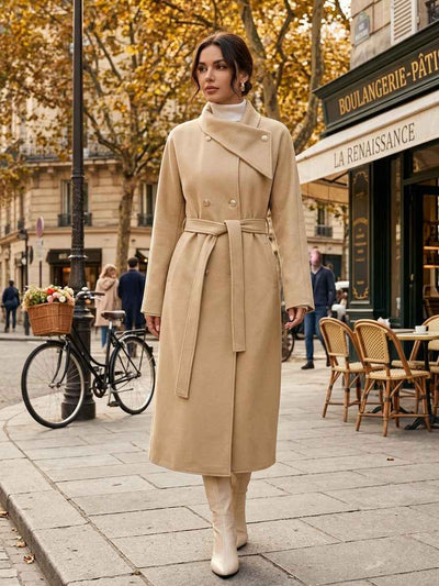 Double-Breasted Long Coat - Waist Tie & Wide Lapels