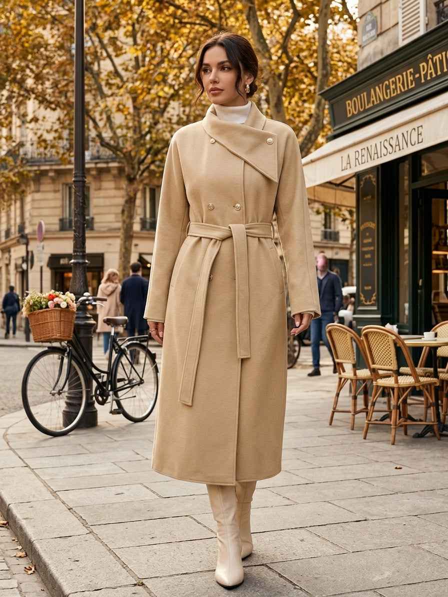 Double-Breasted Long Coat - Waist Tie & Wide Lapels