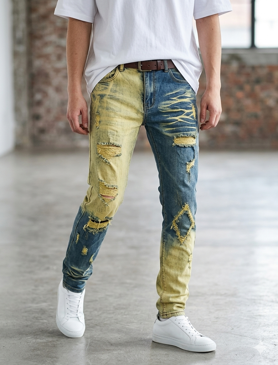 Shanxi Distressed Two-Tone Split Panel Denim Pants – Bleach Sand & Blue