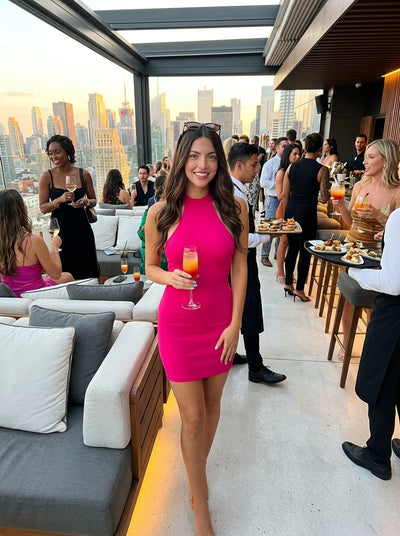 Fuchsia halter mini dress, high neck bodycon fit