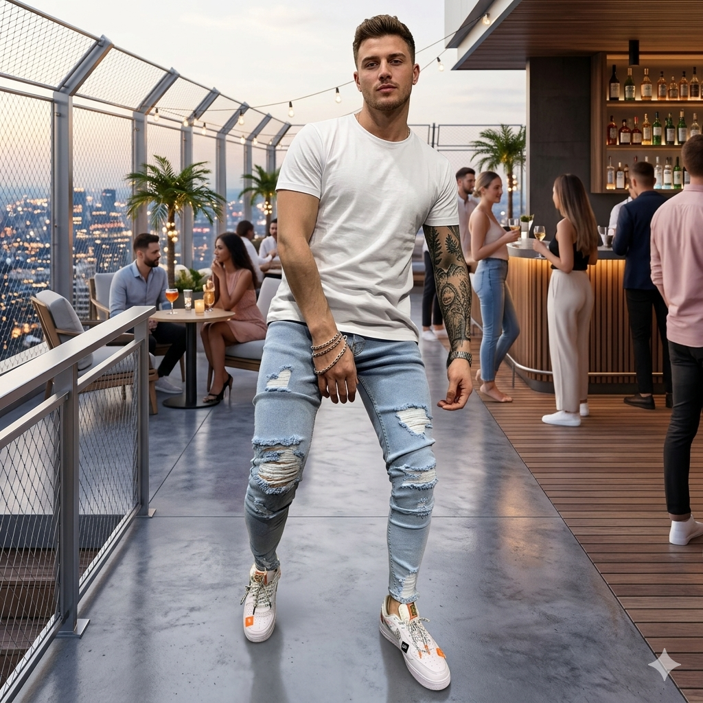 Light Blue Ripped Skinny Jeans Men - Heavy Distressed Stretch Denim