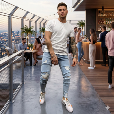 Light Blue Ripped Skinny Jeans Men - Heavy Distressed Stretch Denim