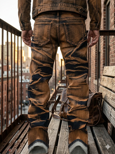 Shanxi Men's Slim Straight Stretchy Jeans – Distressed Coated Brown