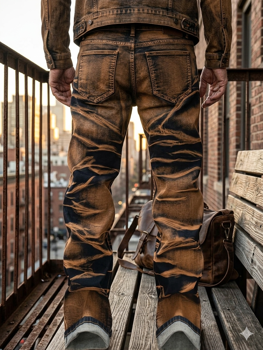 Shanxi Men's Slim Straight Stretchy Jeans – Distressed Coated Brown