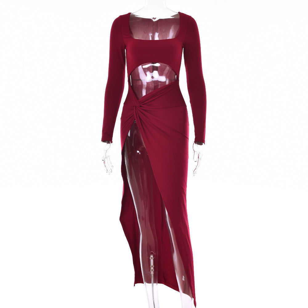 Trendsi Long Sleeve Side Cutout Maxi Dress in deep red with knot detail and front slit