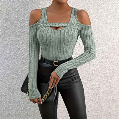 CJ Long Sleeve Top in Green with Cold Shoulder Design and Ribbed Fabric