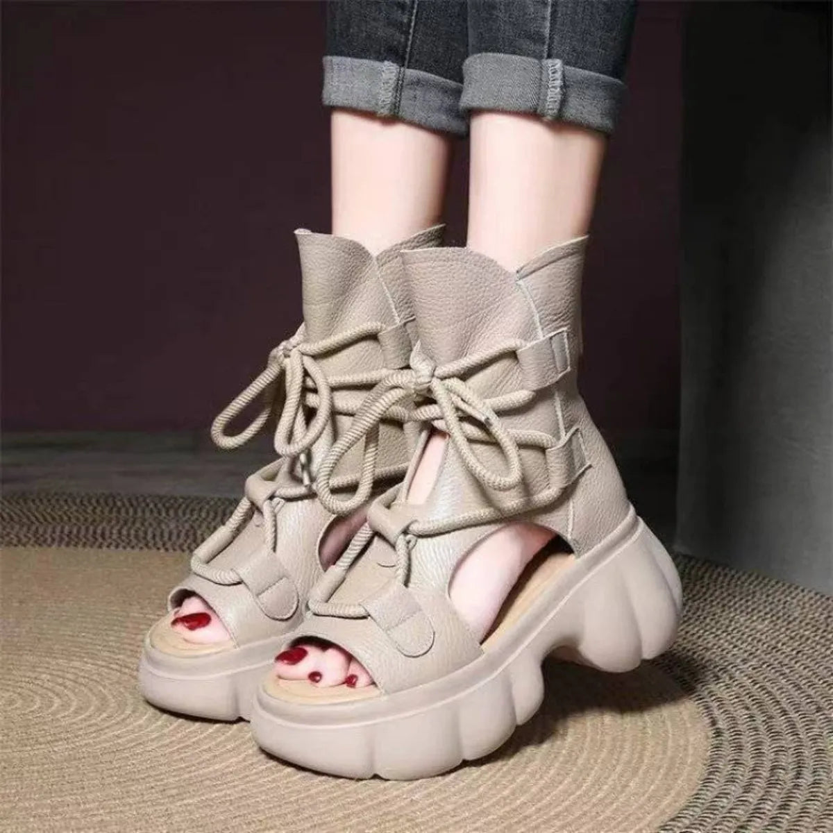 Trendsi women's chunky platform sandals in beige high top lace up open toe with sculpted thick sole