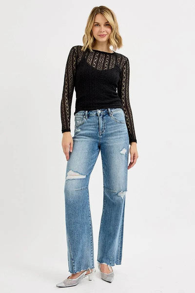 RISEN Full Size Mid Rise Fit Wide Baggy Leg Tie Washed Jeans - Fashions Envy