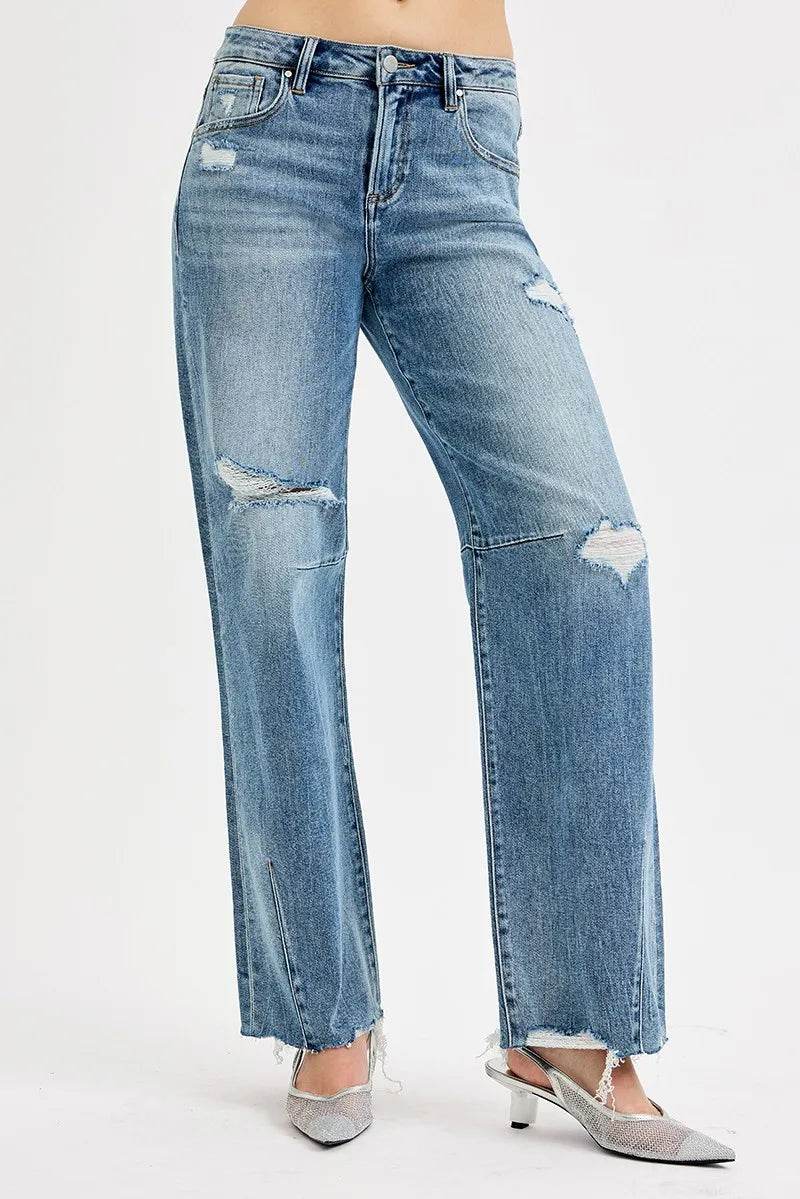 RISEN Full Size Mid Rise Fit Wide Baggy Leg Tie Washed Jeans - Fashions Envy