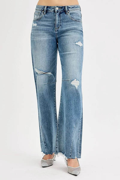 RISEN Full Size Mid Rise Fit Wide Baggy Leg Tie Washed Jeans - Fashions Envy