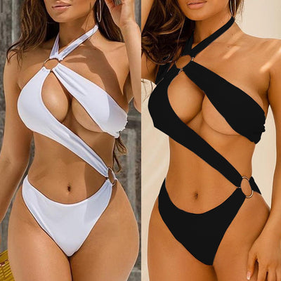 Trendsi metal ring strap bikini in white and black with halter neck and cutout design
