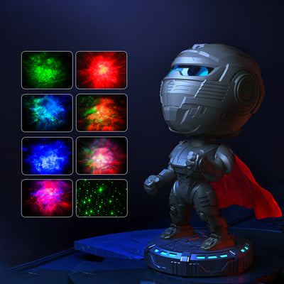 Trendsi mecha samurai night light figurine on illuminated base projecting multicolor nebula and star patterns