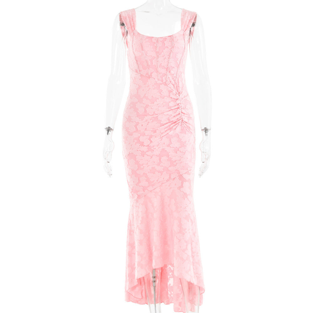 Trendsi pink lace off shoulder backless evening dress with ruched waist and high-low hem