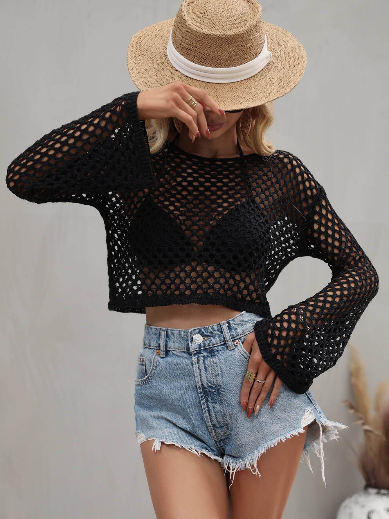 Openwork Flare Sleeve Cover Up - Cropped Summer Beach Top - Fashions Envy