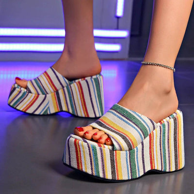 Women's Striped Platform Slide Sandals for Summer Style - Fashions Envy