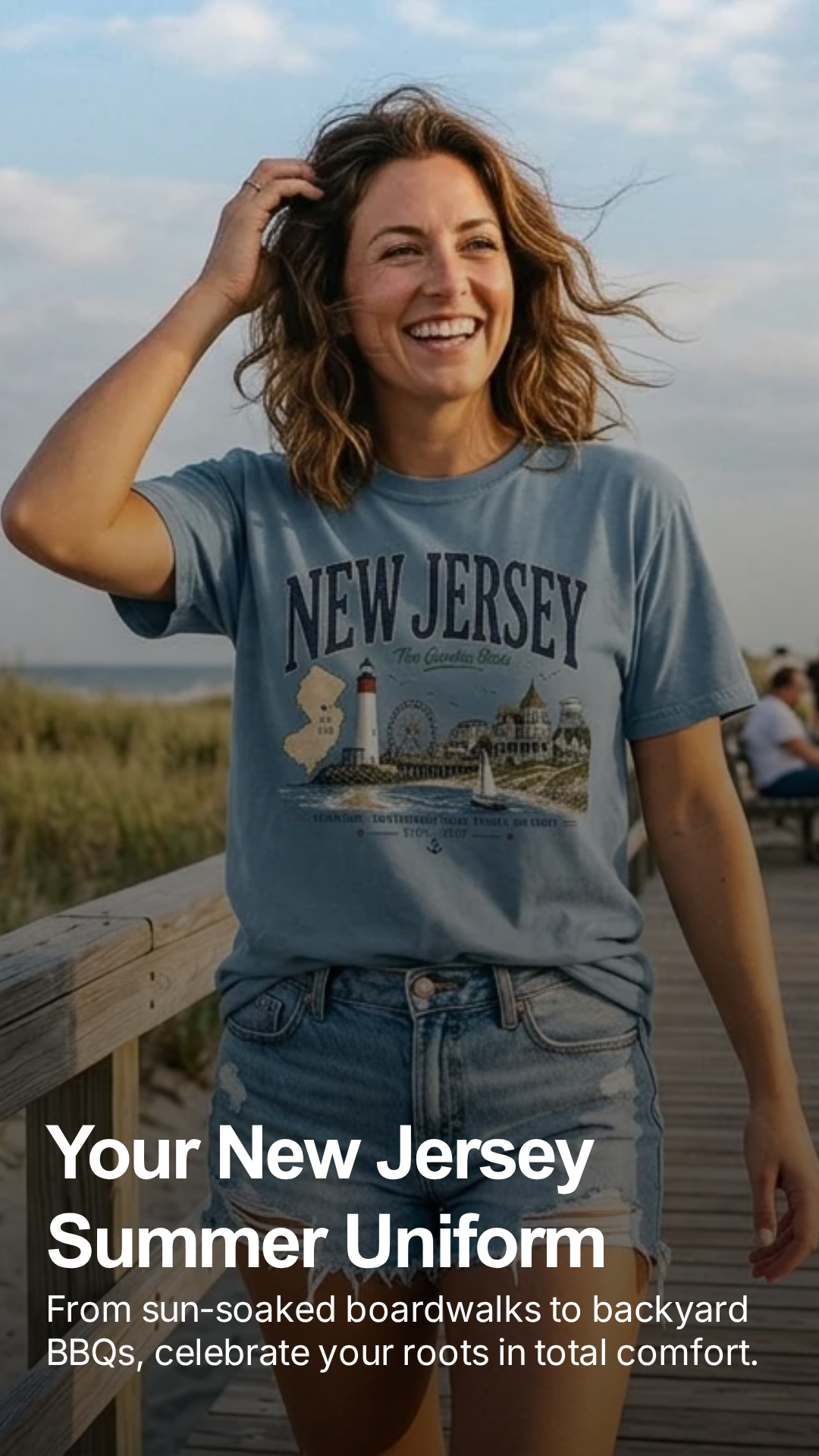 A woman stands on a boardwalk outdoors wearing a light blue graphic T-shirt with 'NEW JERSEY' and a lighthouse illustration, paired with denim shorts. Large overlaid text reads 'Your New Jersey Summer Uniform' with additional marketing copy below.