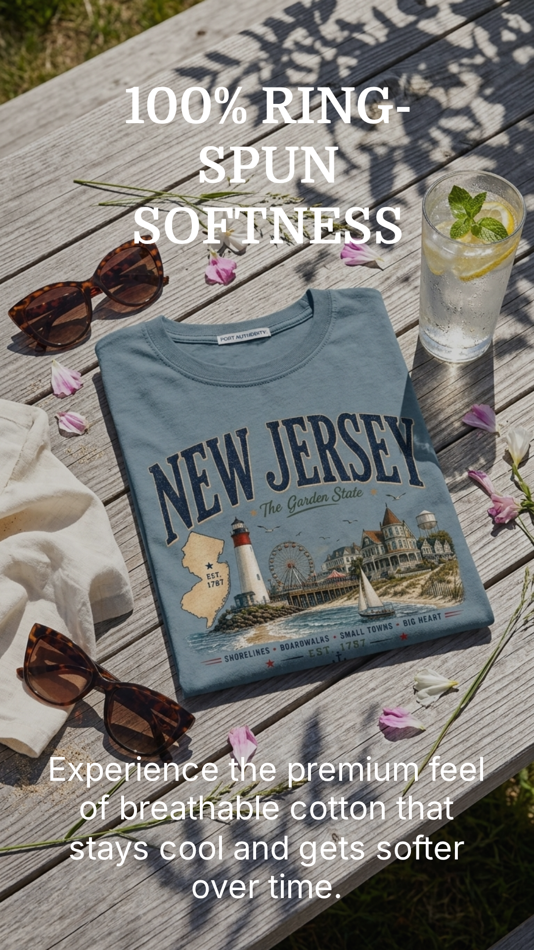 A folded light blue graphic T-shirt laid on a weathered wooden table outdoors, with sunglasses, a drink, flowers, and overlaid marketing text reading '100% RING-SPUN SOFTNESS' and 'Experience the premium feel of breathable cotton that stays cool and gets softer over time.' The shirt graphic says NEW JERSEY with a coastal illustration.