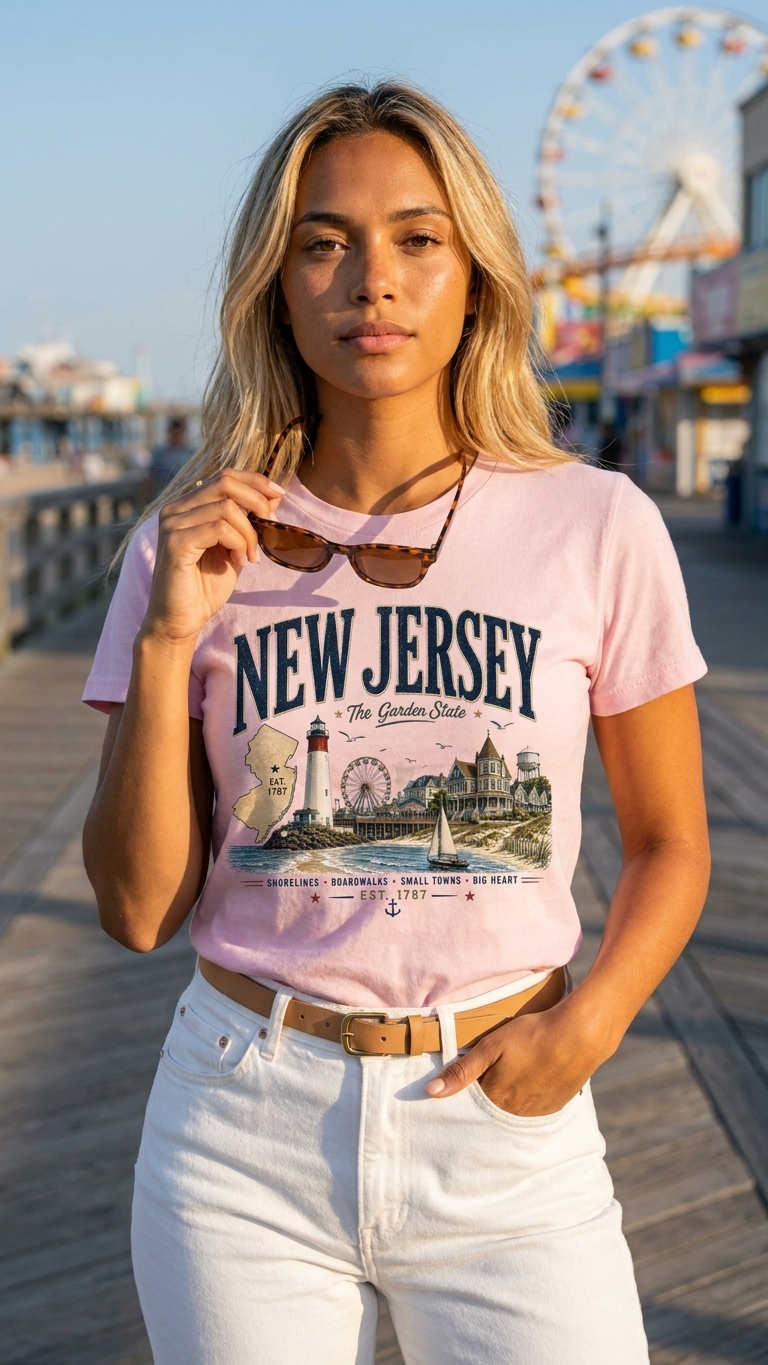 A woman wearing a light pink graphic t-shirt with 'NEW JERSEY' and a lighthouse illustration, paired with white jeans, standing on a wooden boardwalk with a ferris wheel in the background.