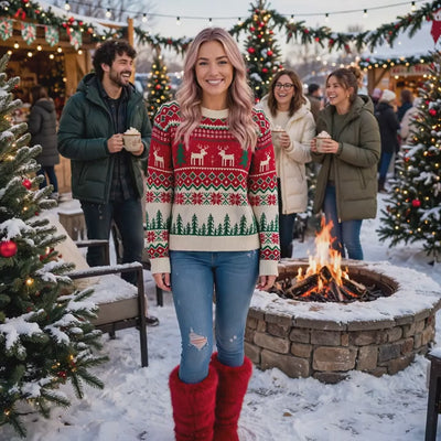 Christmas Reindeer Knit Sweater - Tree Motifs and Ribbed Trim