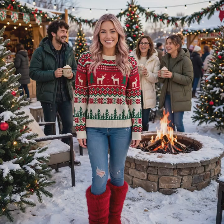 Christmas Reindeer Knit Sweater - Tree Motifs and Ribbed Trim