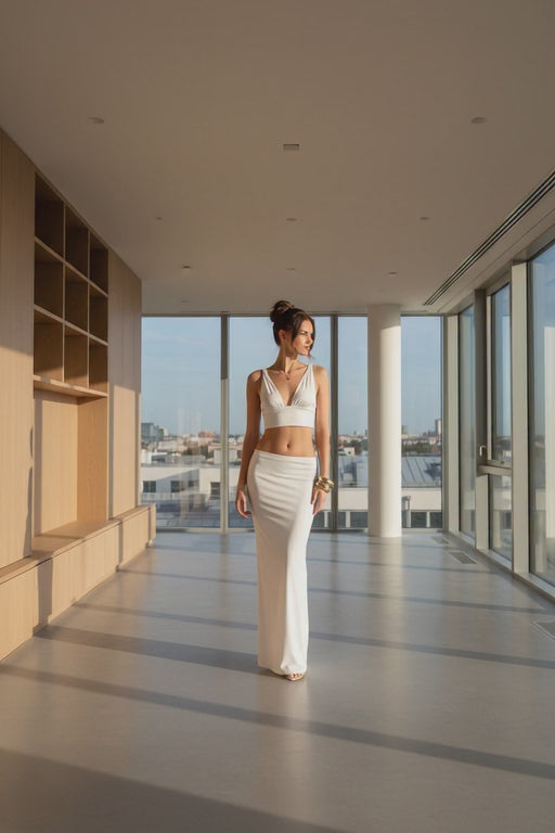 Halter Crop Top and Maxi Skirt Set - White Backless Outfit