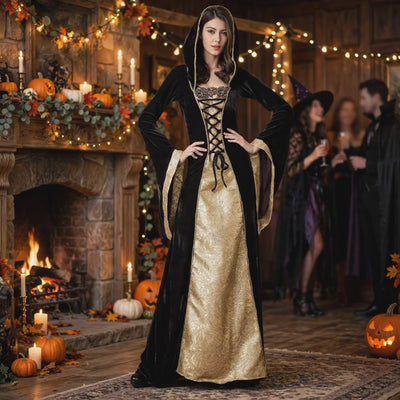 Halloween Medieval Costume Dress - Hood and Lace-Up Bodice