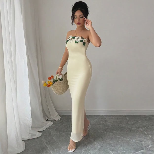 Strapless Backless Maxi Dress - 3D Floral Detail