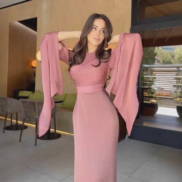 Long Sleeve Maxi Dress - Draped Bodice and Split Sleeves