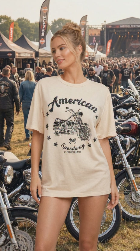 Load video: American Motorcycle T-Shirt - Cotton Boxy Top