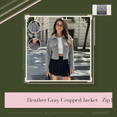 Heather Gray Cropped Jacket - Zip Front and Point Collar by@Outfy