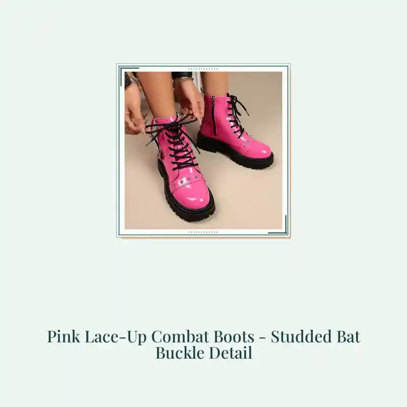 Pink Lace-Up Combat Boots - Studded Bat Buckle Detail by@Outfy