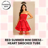Red Summer Mini Dress - Heart Smocked Tube by@Outfy