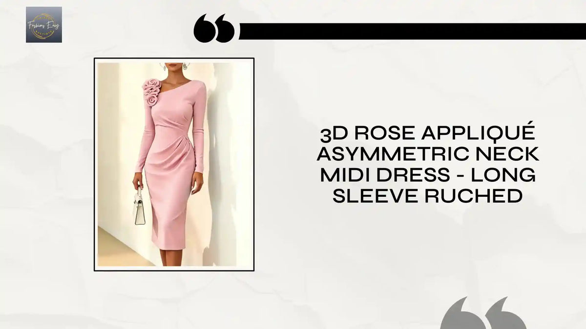 3D Rose Appliqu&eacute; Asymmetric Neck Midi Dress - Long Sleeve Ruched by@Outfy