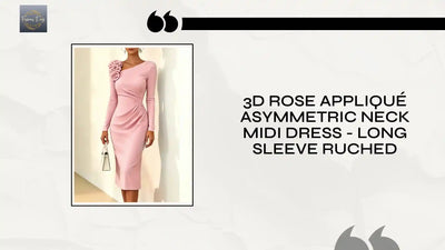 3D Rose Appliqu&eacute; Asymmetric Neck Midi Dress - Long Sleeve Ruched by@Outfy