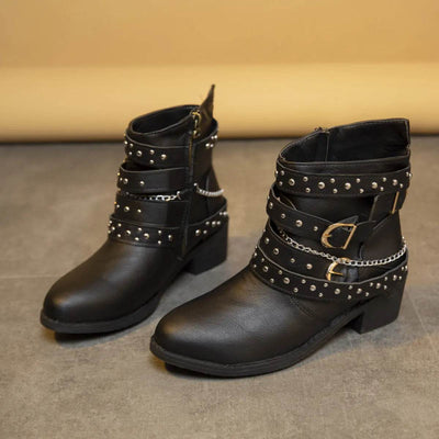 Round Toe Block Heel Boots - Mid Heel PU Leather Boots - Fashions Envy