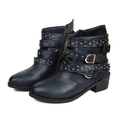 Round Toe Block Heel Boots - Mid Heel PU Leather Boots - Fashions Envy
