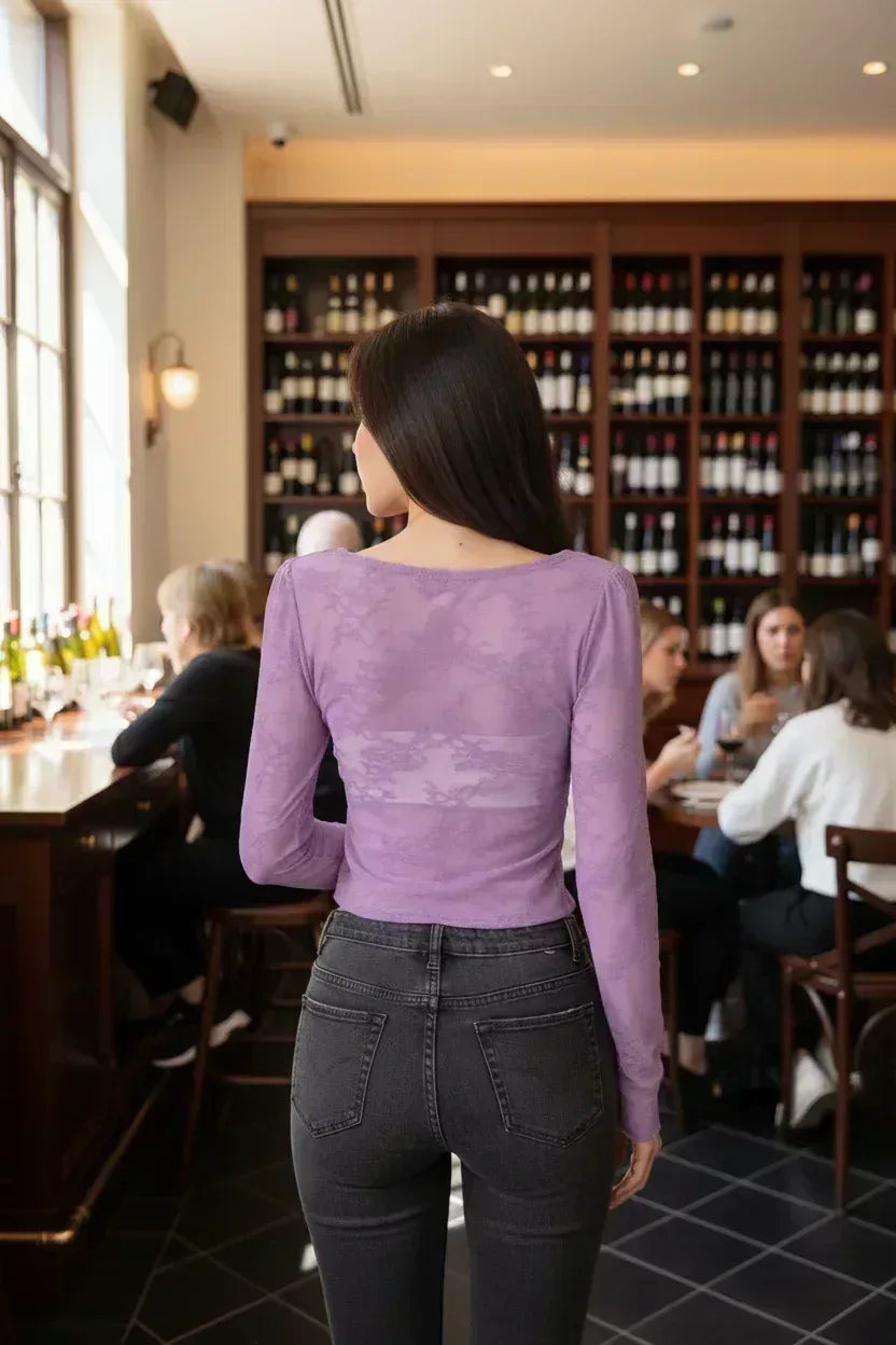 Lace Crop Top - Purple Tie-Front Long Sleeve - Fashions Envy