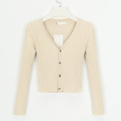 Beige Ribbed Crop Cardigan with Button Details and Long Sleeves for a Stylish Look