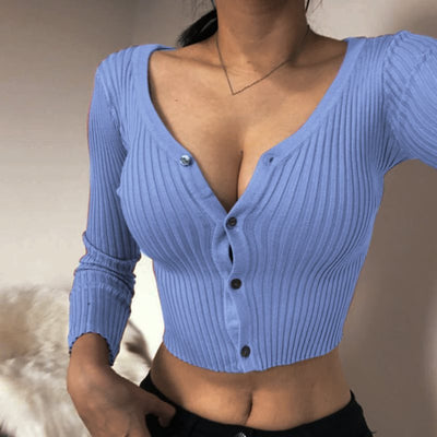 CJ Ribbed Crop Cardigan in Light Blue with Button Details and Long Sleeves