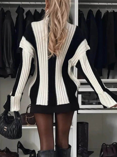 Trendsi Ribbed Turtleneck Sweater in Black and White, featuring a stylish oversized fit and cozy texture