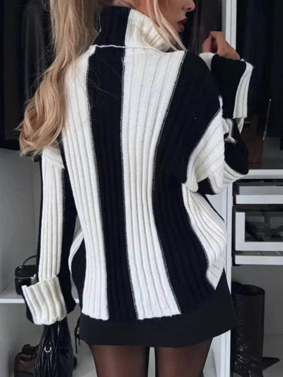 Trendsi Ribbed Turtleneck Sweater in black and white stripes with a loose fit for stylish layering