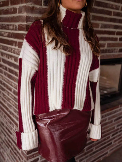 Trendsi Ribbed Turtleneck Sweater in maroon and white stripes, paired with a stylish faux leather skirt
