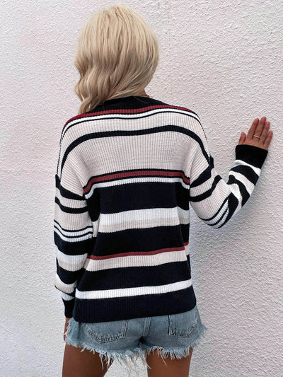 Striped Drop Shoulder Round Neck Pullover Sweater - Fashions Envy