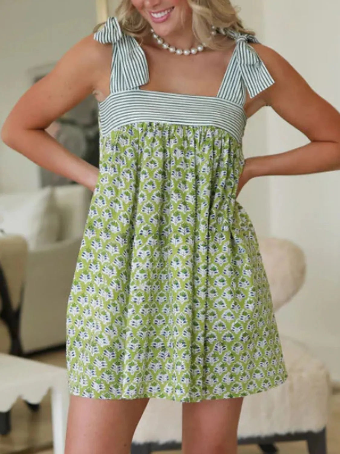 Trendsi Tie Shoulder Mini Dress green floral print with striped bodice and bow tie shoulder straps