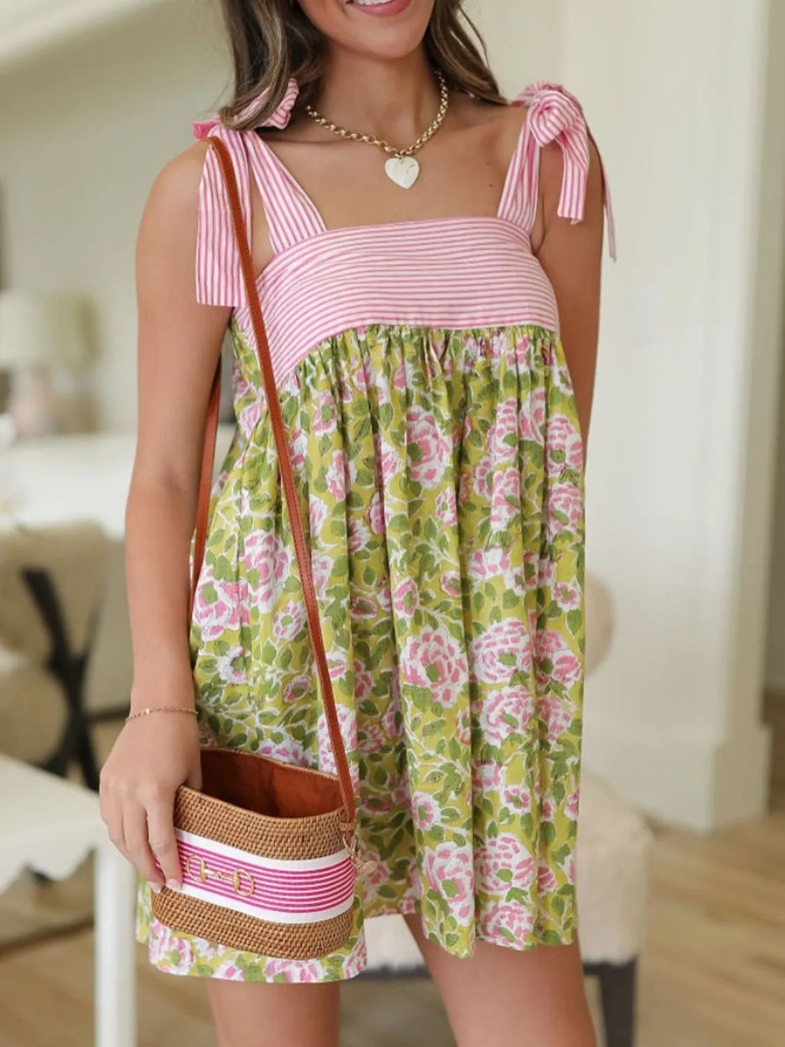 Tie Shoulder Mini Dress: Floral Square-Neck Summer